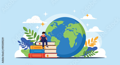 Curious young boy sitting on a stack of colorful books while reading and exploring the world through global education.