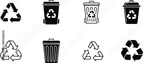 A set of vector line art silhouettes depicting recycling symbols and trash cans for eco-friendly designs