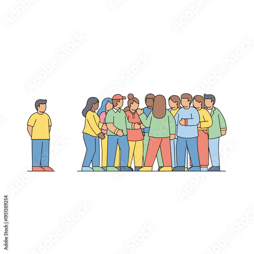 Man observing group of people interacting, concept of Disability & Invisibility  