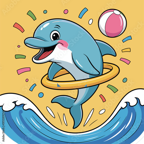 Cartoon Dolphin Jumps Through Hoop with Beach Ball and Waves Festive Confetti Stock Illustration