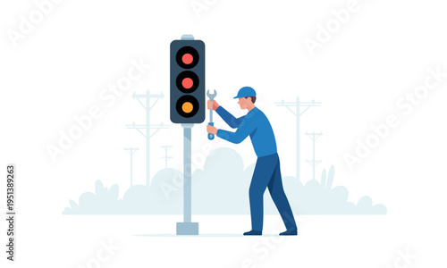 Worker Repairing Traffic Light with Wrench Vector Illustration