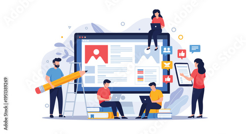 Creative digital team collaborating on website design and social media marketing around a giant computer monitor.