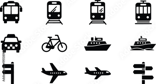 A set of vector line art silhouettes depicting various transportation modes on a white background