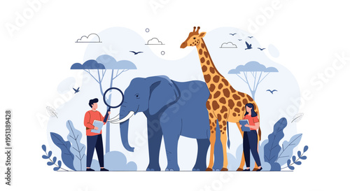 Nature researchers observing wild animals like elephants and giraffes during a safari wildlife study in the savanna.