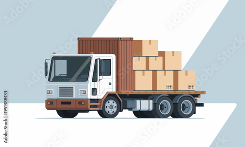 Flatbed Truck Carrying Shipping Container and Cardboard Boxes