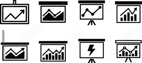 A set of vector line art silhouettes showing business graphs and charts on presentation screens