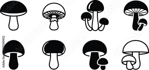 A set of vector line art silhouettes of various mushroom species in black and white
