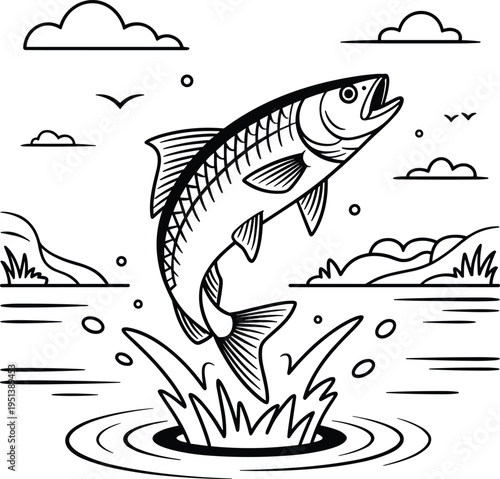 Fish Jumping Out of Water Splashing With Clouds and Birds Line Art