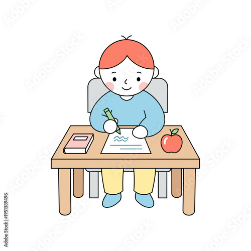 Young boy writing at desk with apple and notebook, concept of Disability & Invisibility  