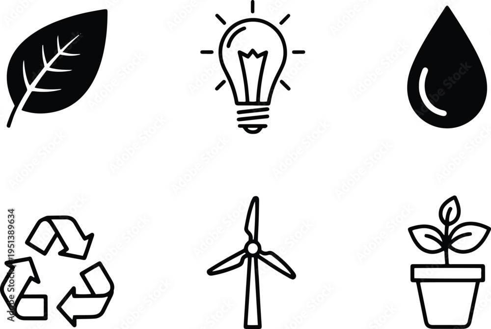Fototapeta premium A set of vector line art silhouettes depicting eco-friendly concepts and sustainable living icons.