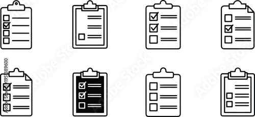 A set of vector line art clipboards with checklists in silhouette style for business and organization use