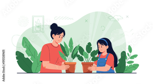 Young mother and daughter caring for green indoor plants at home as a hobby to teach nature and environmental responsibility.