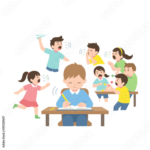 Boy focused on homework while noisy classmates surround him - Concept of Disability & Invisibility  