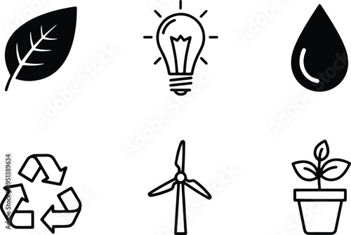 A set of vector line art silhouettes depicting eco-friendly concepts and sustainable living icons.