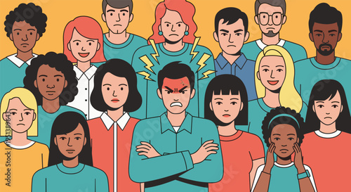 Angry man with crossed arms standing in the middle of a diverse crowd of people showing various emotions and expressions.