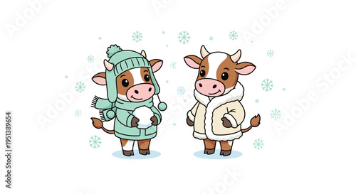 Cute cartoon cows wearing warm winter hats and coats playing with snowballs in a winter landscape with falling snowflakes.