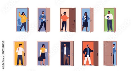 Diverse people standing in various open doorways representing opportunities choices and welcoming environments for all individuals.