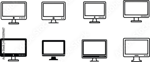 A set of vector line art computer monitors in various silhouettes and designs for digital use