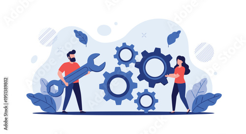 Collaborative teamwork concept featuring a man and woman adjusting giant gears with a wrench to improve system efficiency.