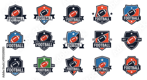 Collection of professional American football team logos and sports crests featuring footballs and stars in a shield design.