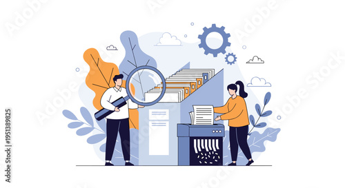 Office workers organizing a large file cabinet and shredding documents to maintain data security and workplace organization.
