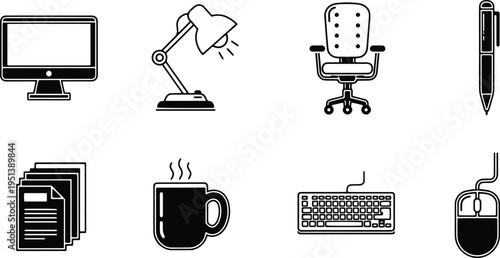 A set of office supplies and furniture in a vector line art silhouette style for business use