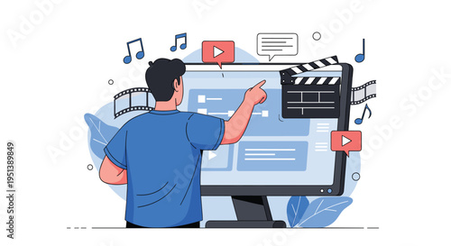 Creative professional editing video and audio content on a large desktop monitor with music notes and film strips.