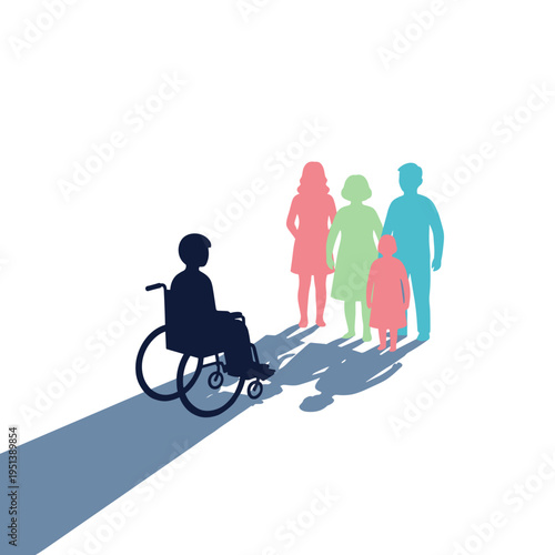 Silhouette of person in wheelchair with family in colorful shadows - Concept of Disability & Invisibility  