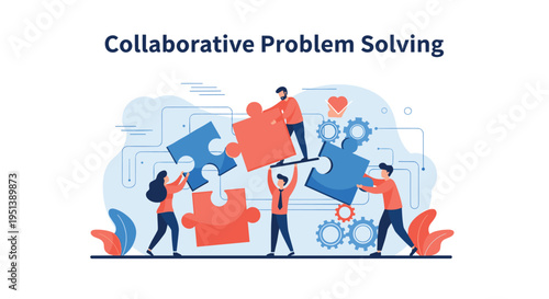 Team of people working together to assemble large colorful puzzle pieces to find a collaborative problem solving solution.