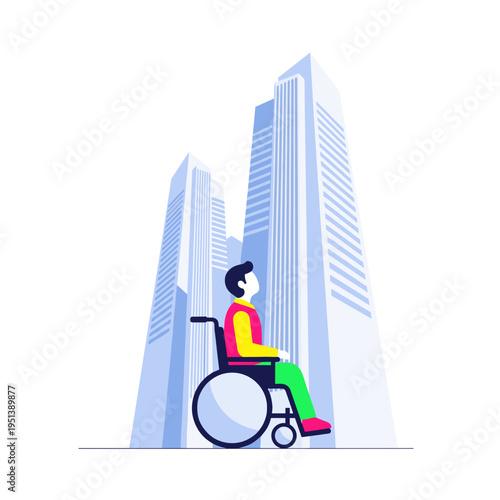 Man in wheelchair looking at skyscrapers 