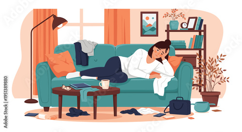 Exhausted woman lying on a couch in a cluttered and messy living room feeling stressed or overwhelmed by chores.