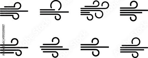 A set of vector line art wind icons in silhouette style for weather forecasting and design