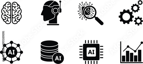 A set of vector line art silhouettes depicting artificial intelligence and machine learning concepts in a modern bundle