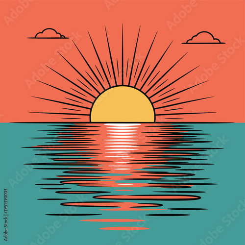 Sunset Over Water Reflection Graphic Illustration