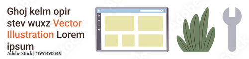Web design, development tools, technology setup, digital interface, user interface design, customization options. A browser window, plant and wrench displayed. Web design and development tools