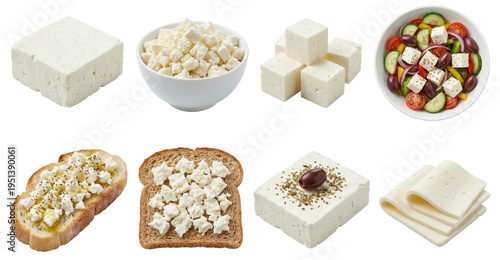 collection of feta cheese blocks cubes and salads on black background