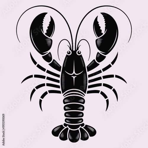 Black Lobster Silhouette with Claws Raised on Light Purple Background