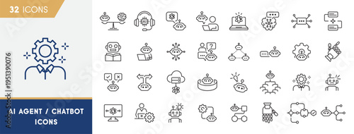 AI Agent And Chatbot Line Icons Set For Automation Assistants And Intelligent Communication Systems