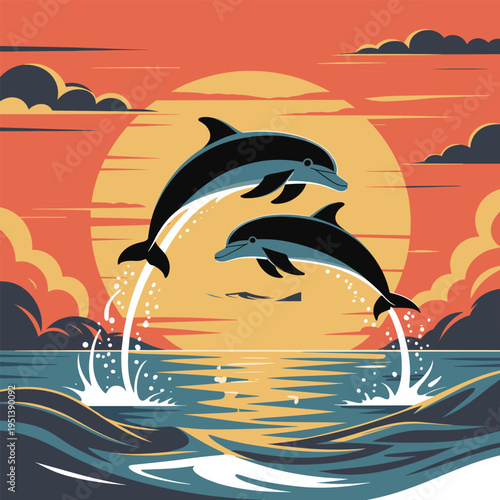 Two Dolphins Jumping Ocean Sunset Waves Stylized Illustration
