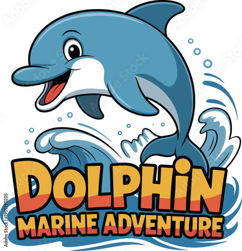 Cartoon Dolphin Leaping Out of Water Waves Marine Adventure Text Fun Animal Illustration Stock Graphic