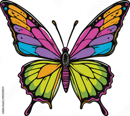Colorful bold line art sticker of a butterfly with asymmetrical wings, rough doodle style, imperfect balance, white background 1