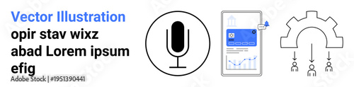 Voice technology, mobile apps, data analysis, teamwork, project management, innovation. Microphone symbol, smartphone analytics interface and gear with connected people. Voice technology and mobile