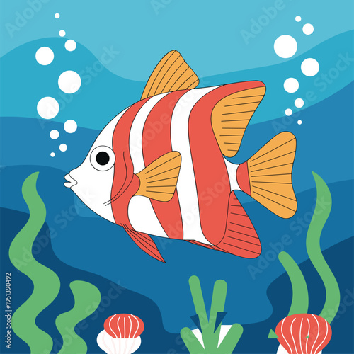 Striped Tropical Fish Swimming in Blue Water with Bubbles and Seaweed Flat Illustration