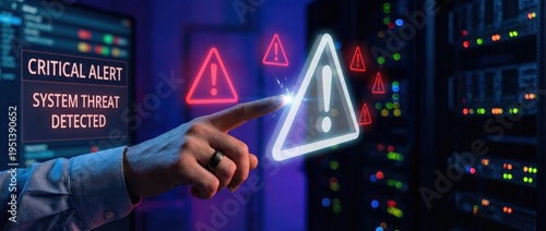 Critical alert for system threat detected data center digital security response high-tech environment close-up viewpoint cybersecurity awareness