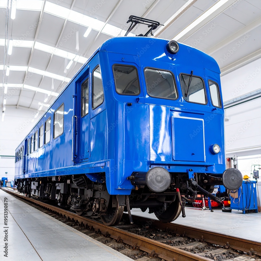 Obraz premium vintage blue electric train in modern maintenance depot bright lighting