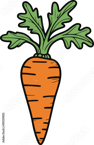 Colorful bold line art sticker of a carrot with crooked leafy top, uneven lines, naive drawing style, white background 2