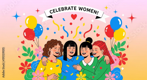 Diverse group of women celebrating together with balloons and confetti.