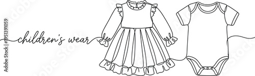 Baby rompers, children clothing, dress one line art with an inscription. Continuous line drawing of clothes, dress, children, wardrobe, dress up, neat, comfortable, home, baby