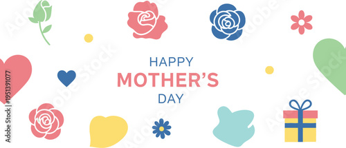 Colorful floral banner design features the text 'Happy Mother's Day' centered among various stylized flowers and gift icons.
