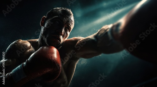 Male boxer throwing punch in dimly lit boxing ring